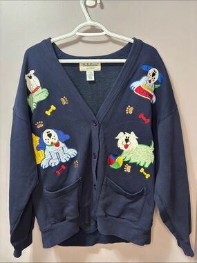 VTG Bellepointe At-Ease Embroidered Dog Cardigan Sweatshirt Navy Blue Size L